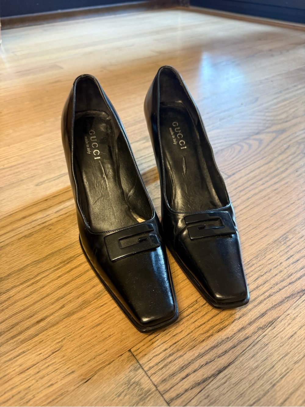 Gucci Black Leather Square-Toe Low Heel Pumps